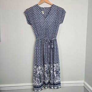 Vintage 60's Matthew Love Womens Blue White Floral Print Dress Small Petite Boho